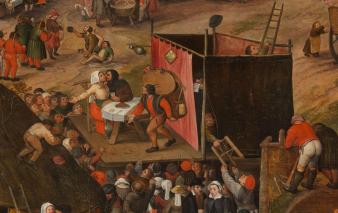 Opvoering van een toneelstuk. Detail uit het schilderij Boerenkermis (ca. 1570) van Pieter Balten.
