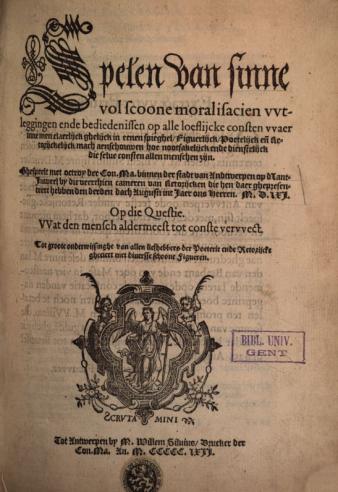 Titelblad van Spelen van sinne vol scoone maralifacien vvtleggingen ende bediedenissen op alle loeflijcke consten... etc., 1662