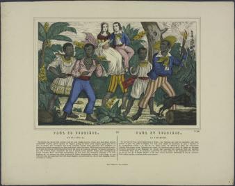 Paulus en Virginia worden gedragen door kleurrijk geklede slaafgemaakten op een brancard