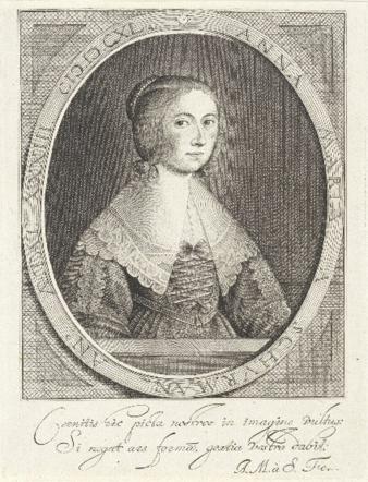 Ets met zelfportret van Anna Maria van Schurman (1640). 