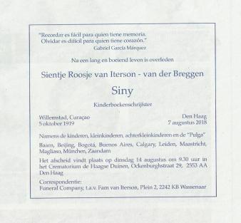 Rouwadvertentie uit 2018 voor Siny van Iterson